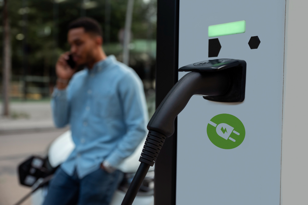 Cabo de carregamento conectado em estação elétrica com símbolo verde, enquanto homem usa o celular ao fundo. 