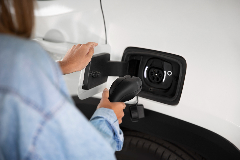 Close-up de uma pessoa conectando o plugue de energia em um carro elétrico branco. A cena ilustra a tecnologia de recarga e o funcionamento dos diversos tipos de veículos elétricos disponíveis no mercado.