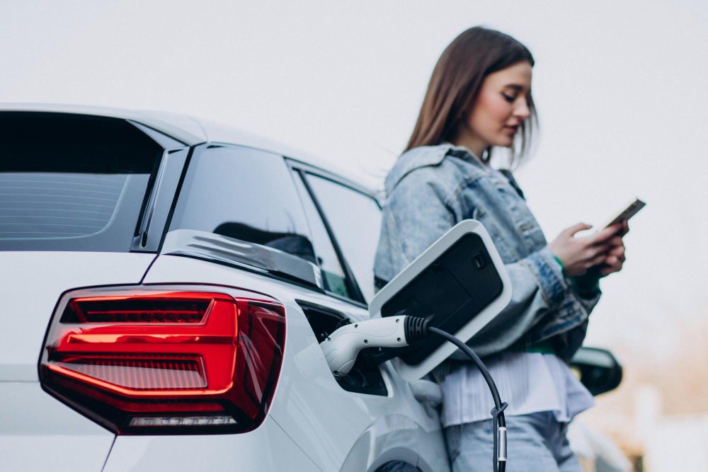 Uma mulher encostada em um carro elétrico branco enquanto o veículo está sendo carregado. Ela segura o celular, representando o estilo de vida moderno e sustentável associado aos diferentes tipos de veículos elétricos.